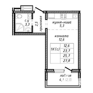 1-к квартира, строящийся дом, 26м2, 3/17 этаж