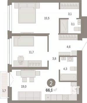 2-к квартира, вторичка, 67м2, 13/23 этаж