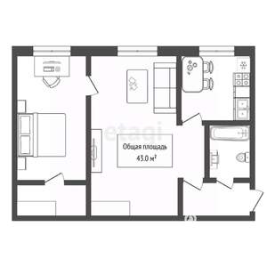 2-к квартира, вторичка, 43м2, 1/5 этаж