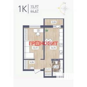 1-к квартира, вторичка, 45м2, 9/17 этаж