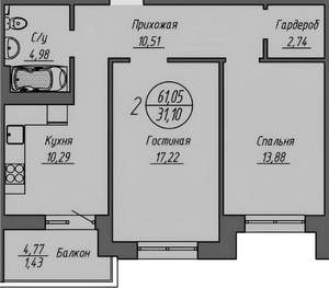 2-к квартира, вторичка, 63м2, 4/24 этаж