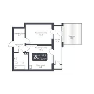 2-к квартира, строящийся дом, 49м2, 2/30 этаж