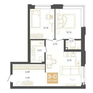 3-к квартира, вторичка, 68м2, 13/24 этаж