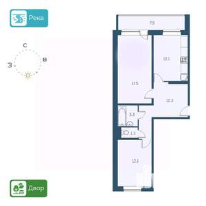2-к квартира, строящийся дом, 62м2, 1/17 этаж
