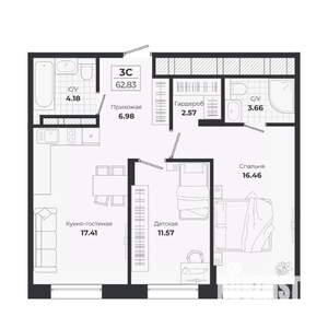 3-к квартира, строящийся дом, 63м2, 1/9 этаж