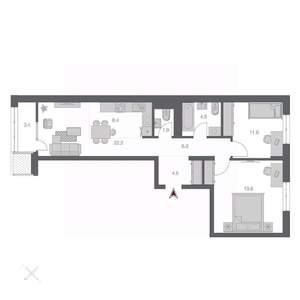 3-к квартира, строящийся дом, 74м2, 16/24 этаж