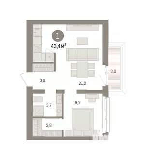 1-к квартира, вторичка, 43м2, 7/8 этаж