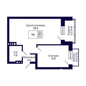 1-к квартира, вторичка, 51м2, 6/11 этаж