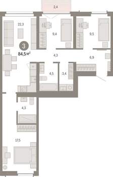 3-к квартира, вторичка, 84м2, 2/6 этаж