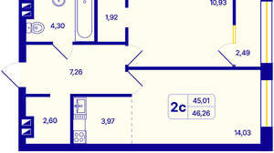 2-к квартира, вторичка, 46м2, 15/26 этаж