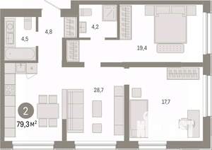 2-к квартира, вторичка, 79м2, 1/7 этаж