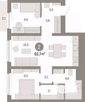 2-к квартира, вторичка, 63м2, 7/12 этаж