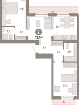 2-к квартира, вторичка, 73м2, 9/12 этаж