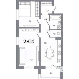 2-к квартира, вторичка, 58м2, 8/17 этаж