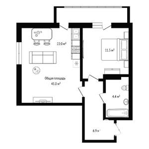 2-к квартира, вторичка, 45м2, 13/19 этаж