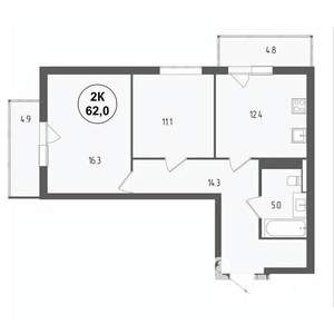 2-к квартира, вторичка, 62м2, 5/15 этаж