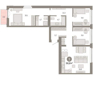 3-к квартира, вторичка, 91м2, 7/23 этаж