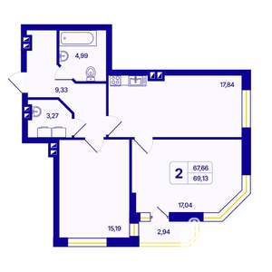 2-к квартира, вторичка, 69м2, 19/26 этаж