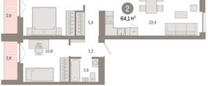 2-к квартира, вторичка, 64м2, 5/23 этаж