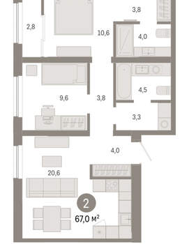 2-к квартира, вторичка, 67м2, 7/15 этаж