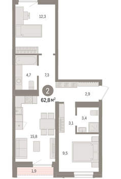 2-к квартира, вторичка, 63м2, 5/15 этаж