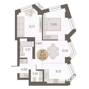 3-к квартира, вторичка, 63м2, 8/31 этаж