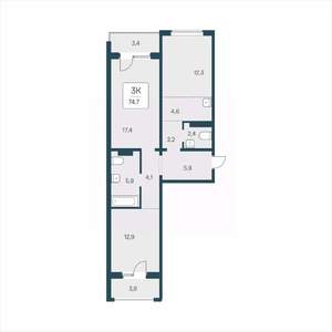 3-к квартира, вторичка, 75м2, 16/17 этаж