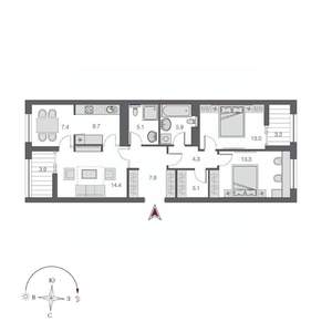 3-к квартира, строящийся дом, 82м2, 15/21 этаж