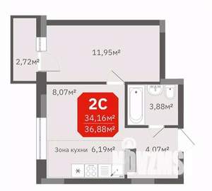1-к квартира, строящийся дом, 34м2, 15/17 этаж