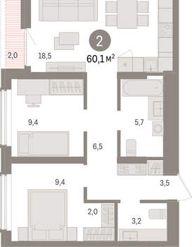 2-к квартира, вторичка, 60м2, 13/15 этаж
