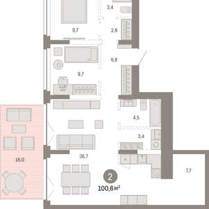 2-к квартира, вторичка, 101м2, 1/23 этаж