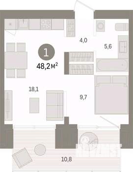 1-к квартира, вторичка, 48м2, 1/14 этаж