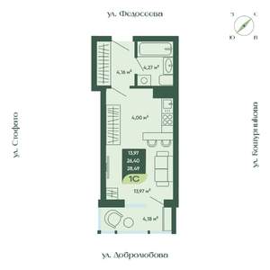 1-к квартира, строящийся дом, 28м2, 7/18 этаж
