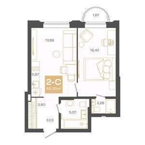 2-к квартира, вторичка, 49м2, 13/24 этаж