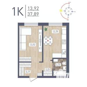 1-к квартира, строящийся дом, 38м2, 1/17 этаж