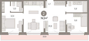 2-к квартира, вторичка, 75м2, 8/12 этаж