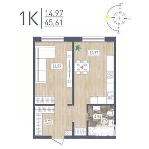 1-к квартира, строящийся дом, 46м2, 1/17 этаж