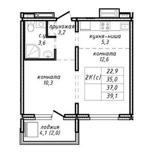 2-к квартира, строящийся дом, 37м2, 13/17 этаж