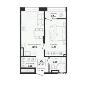 2-к квартира, строящийся дом, 37м2, 4/9 этаж