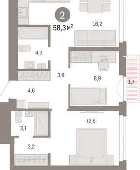 2-к квартира, вторичка, 58м2, 12/23 этаж