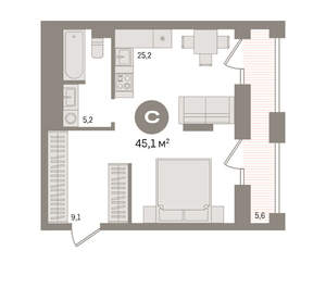 Студия квартира, вторичка, 45м2, 29/30 этаж