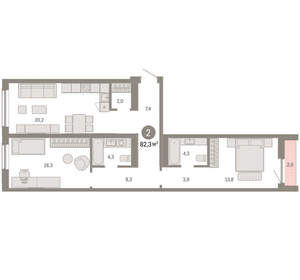 2-к квартира, вторичка, 82м2, 5/15 этаж