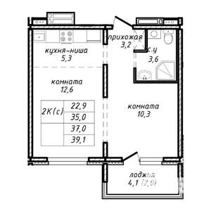 2-к квартира, строящийся дом, 37м2, 9/17 этаж