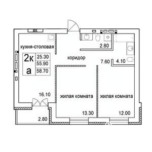 2-к квартира, строящийся дом, 59м2, 5/8 этаж