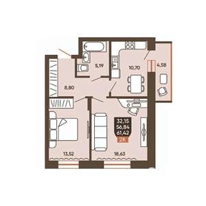2-к квартира, вторичка, 61м2, 3/19 этаж