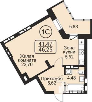1-к квартира, строящийся дом, 41м2, 23/24 этаж