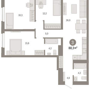 3-к квартира, вторичка, 88м2, 2/23 этаж