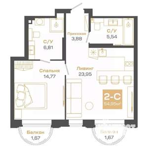 2-к квартира, строящийся дом, 55м2, 17/24 этаж