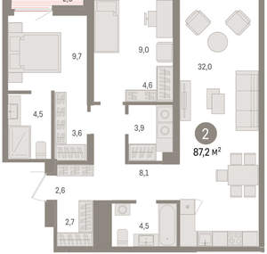 2-к квартира, вторичка, 87м2, 9/15 этаж