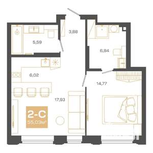 2-к квартира, строящийся дом, 55м2, 3/24 этаж